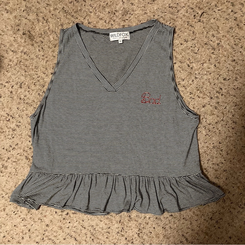 Wildfox mini striped V neck tank top embroidered Bad ruffle edge muscle tee